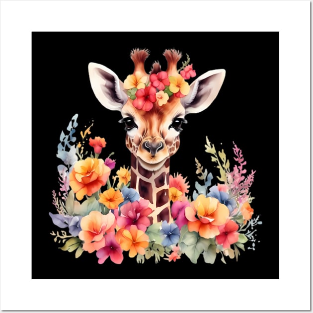 A giraffe decorated with beautiful watercolor flowers Wall Art by CreativeSparkzz